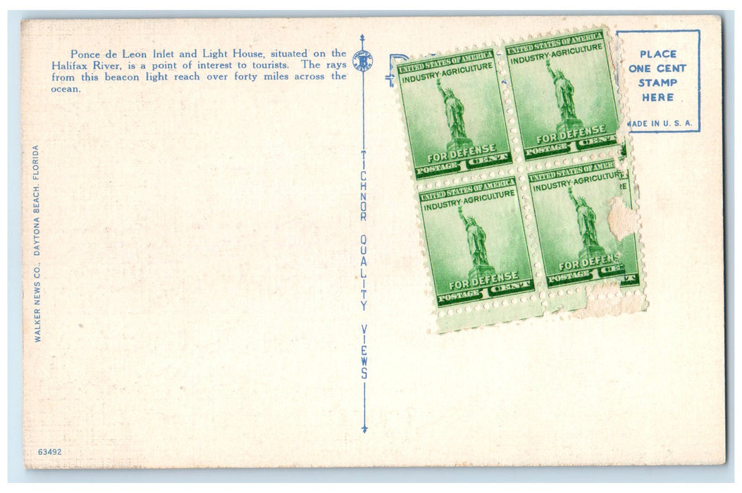 c1940s Ponce De Leon Inlet Light House Trees Daytona Beach Florida FL Postcard