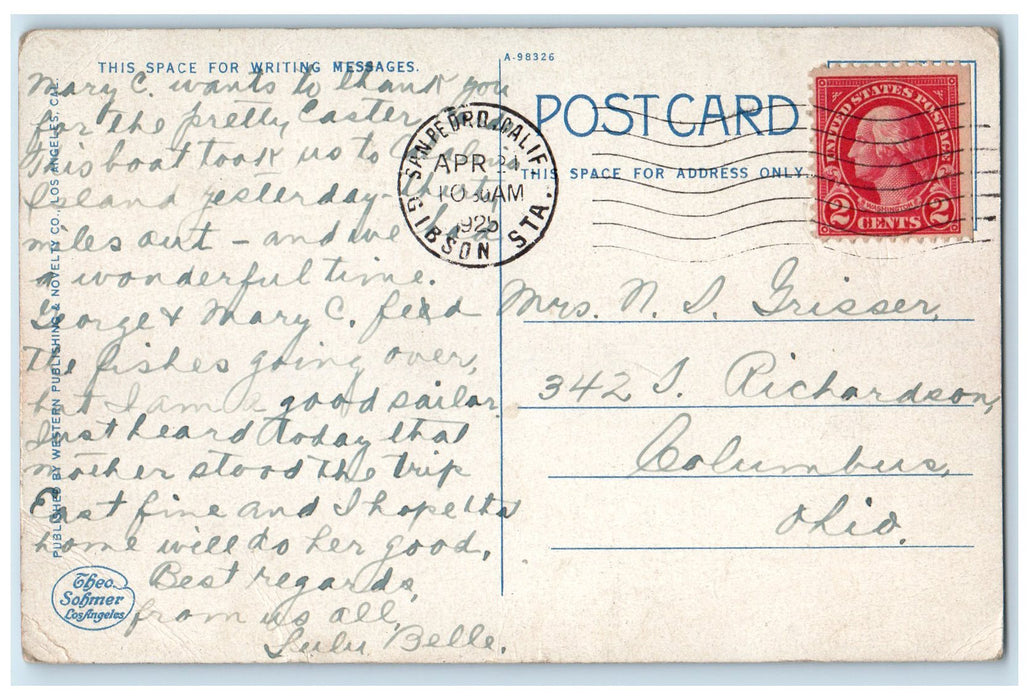 1925 Steamer Catalina Steamship Catalina Island California CA Posted Postcard
