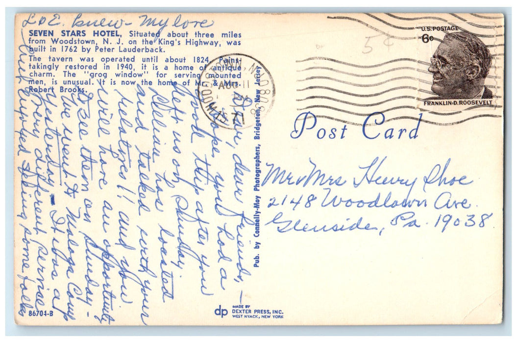 1971 Seven Star Hotel Restaurant Building Carriage Guests Woodstown NJ Postcard