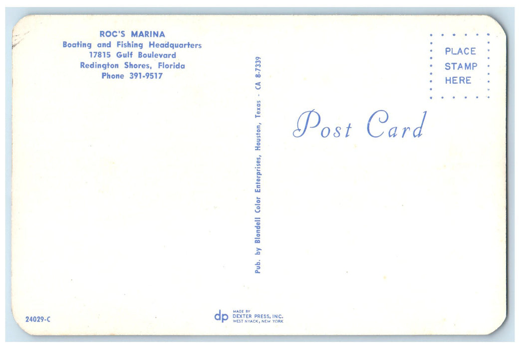 c1960's Roc's Marina Boating & Fishing Headquarters Redington Shores FL Postcard