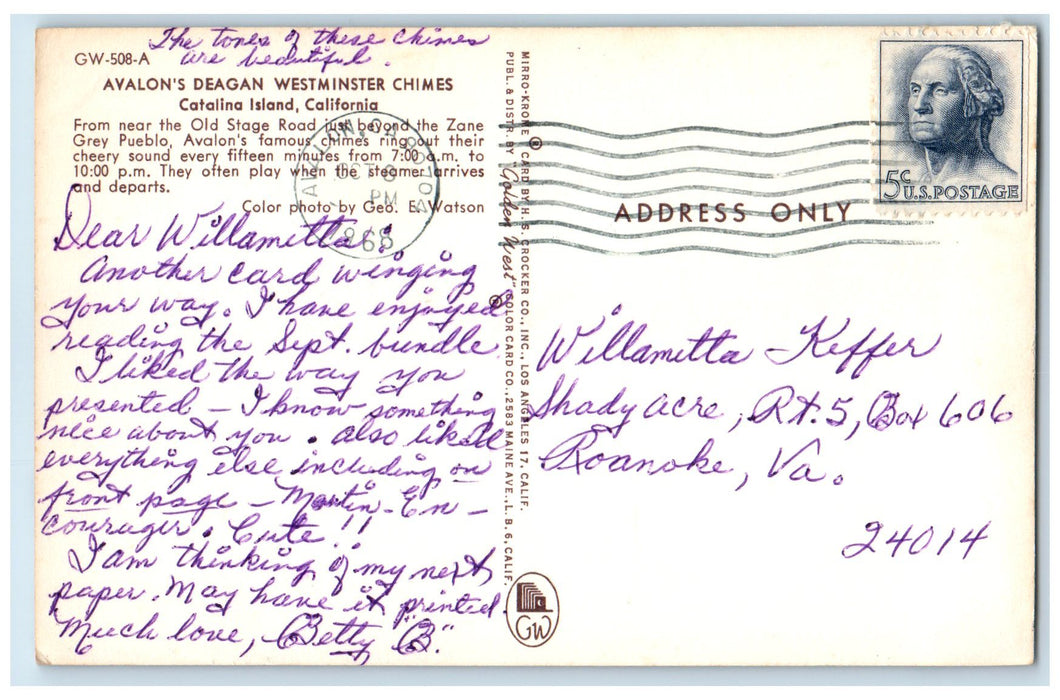 1965 Avalon's Deagan Westminster Chimes Catalina Island CA Posted Trees Postcard