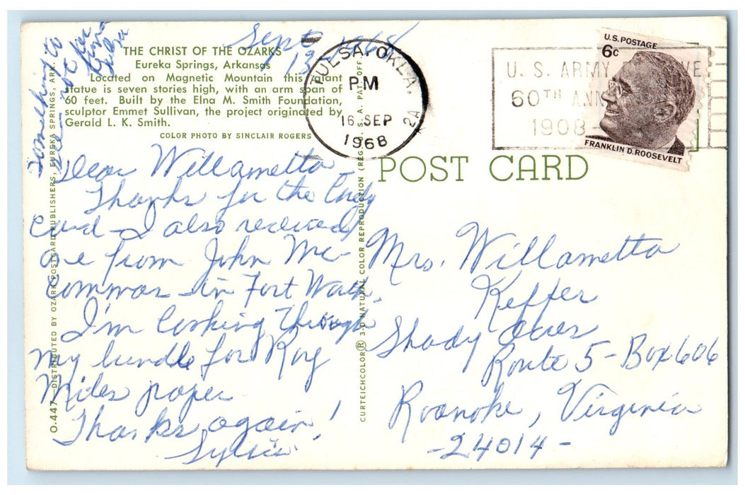 1968 The Christ Of The Ozarks Eureka Springs Arkansas AR Posted Vintage Postcard