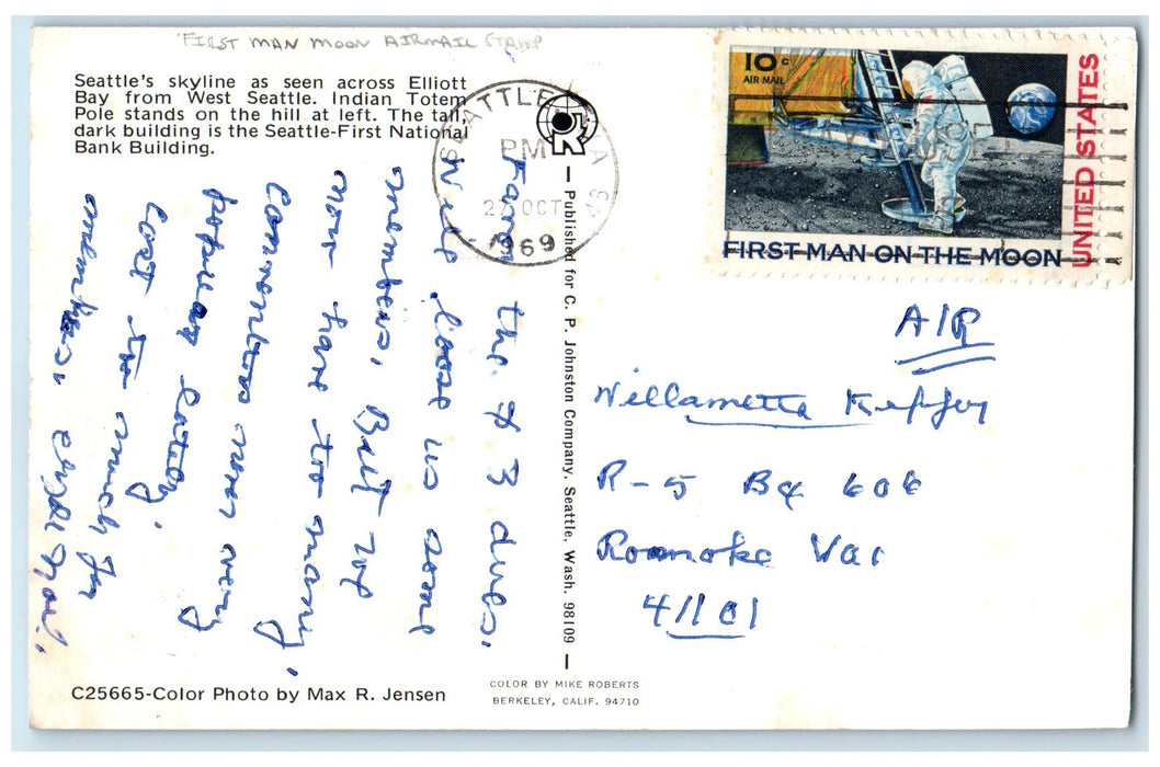 1969 First Man Moon Airmail Stamp Seattle Washington WA Seattle Skyline Postcard