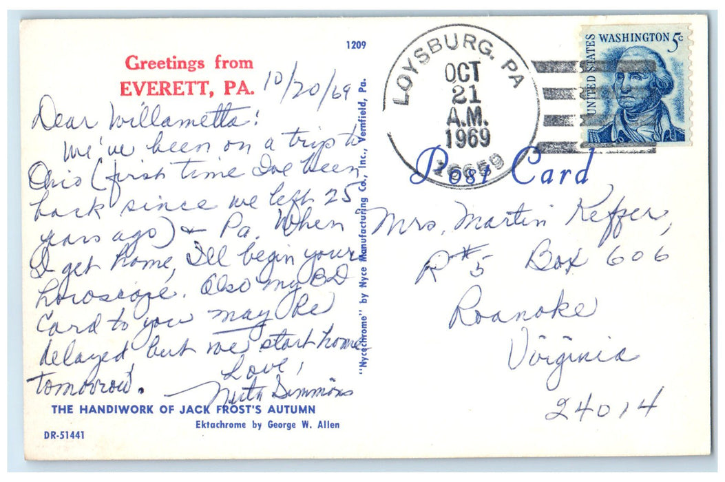 1969 Greetings From Everett Pennsylvania PA Handiwork Jack Frost Autumn Postcard