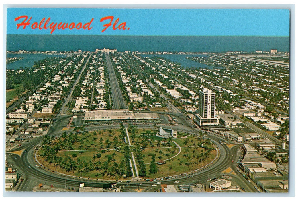 c1950's Aerial View Looking East Along Hollywood Boulevard Florida FL Postcard