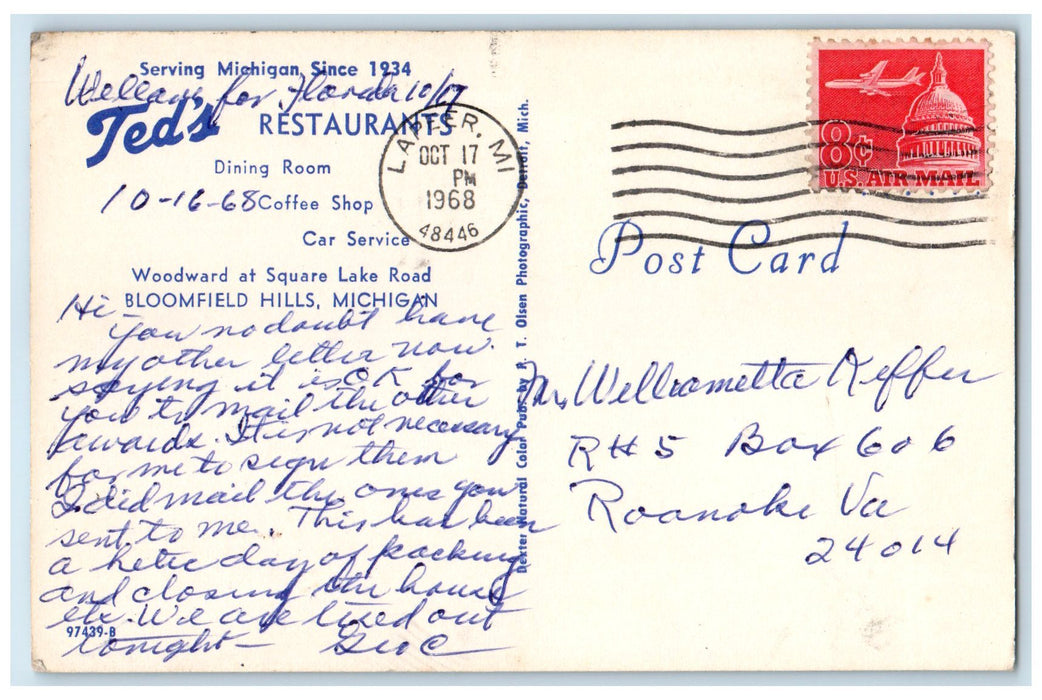 1968 Ted's Restaurants Dining Room Bloomfield Hill Michigan MI Posted Postcard