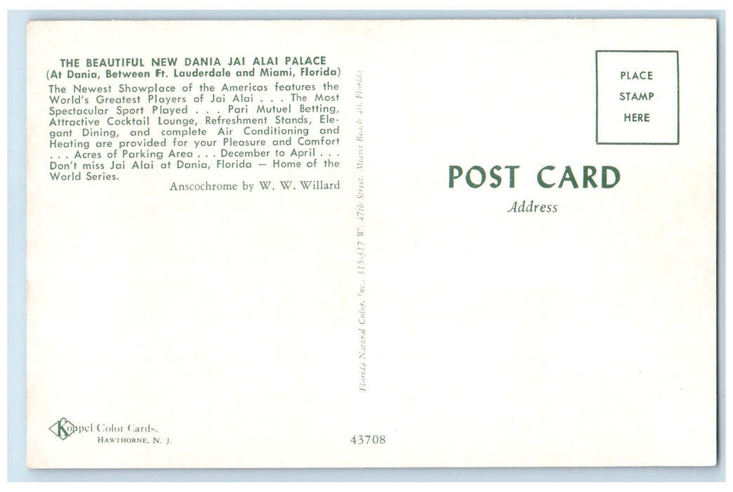 c1950's New Dania Jai Alai Palace View Fort Lauderdale Miami Florida FL Postcard