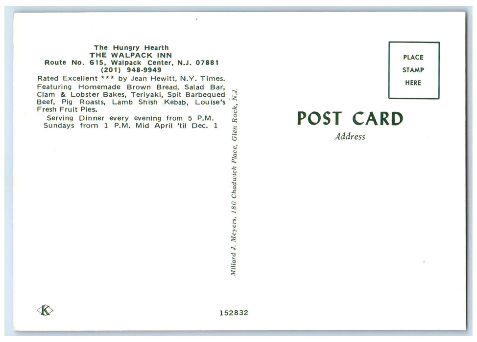 c1950 Hungry Hearth Walpack Inn Restaurant Walpack Center New Jersey NJ Postcard