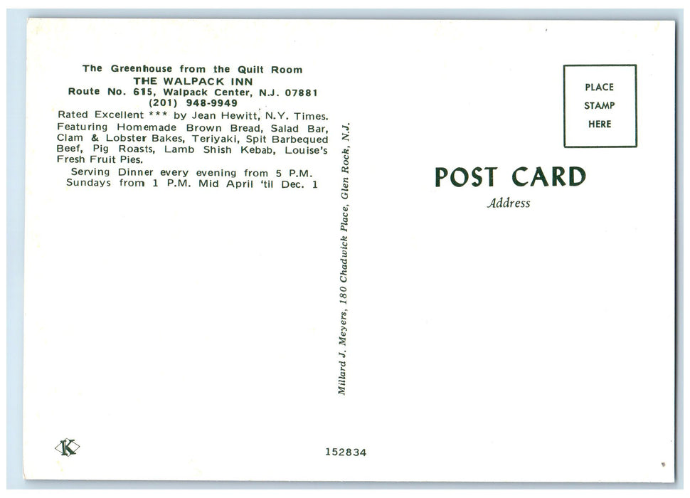 c1950 Green House Quilt Room Wall Pack Inn Restaurant Walpack Center NJ Postcard