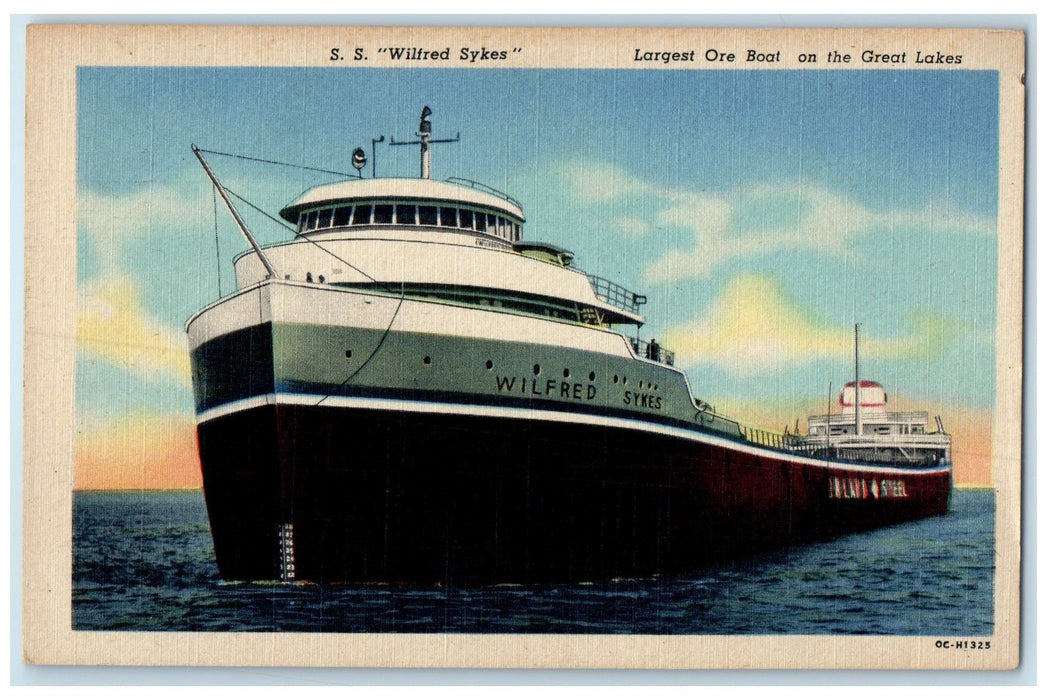 c1940's S.S. Wilfred Sykes Largest Ore Great Lakes Massachusetts MA Postcard