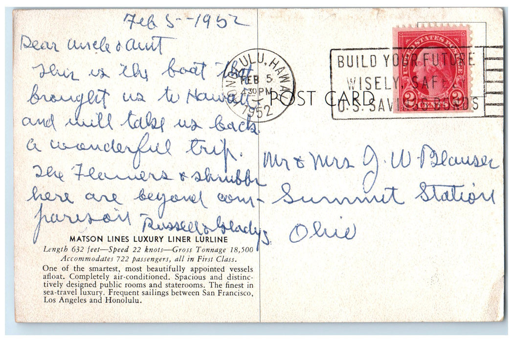 1952 Matson Lines Luxury Liner Lurline Honolulu Hawaii HI Posted Ship Postcard