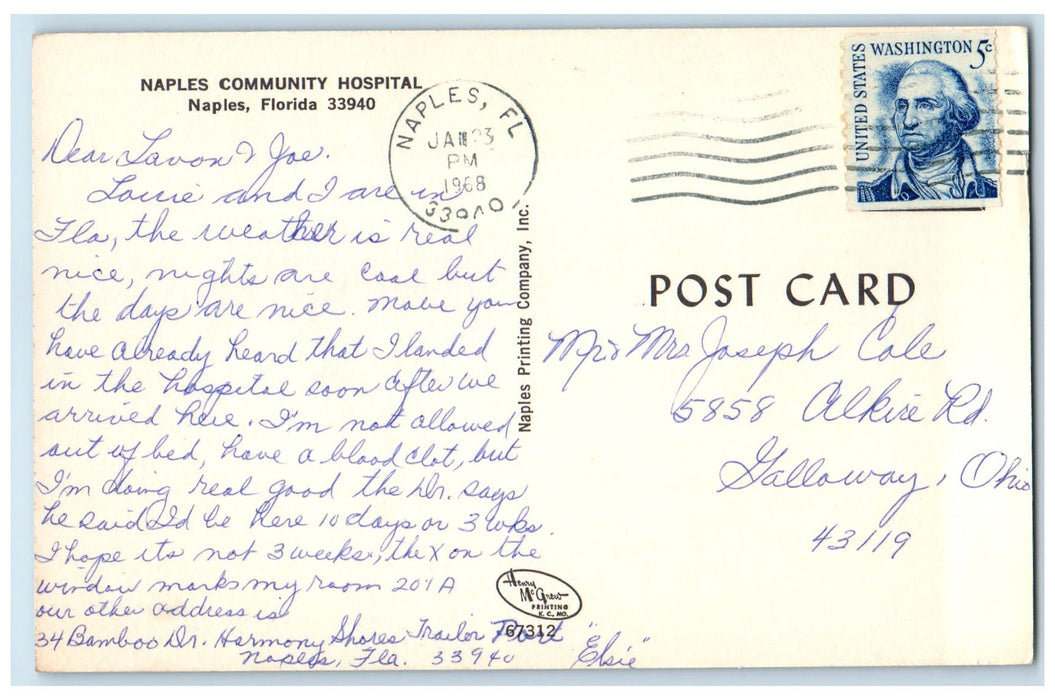 1968 Naples Community Hospital Exterior Naples Florida FL Posted Trees Postcard