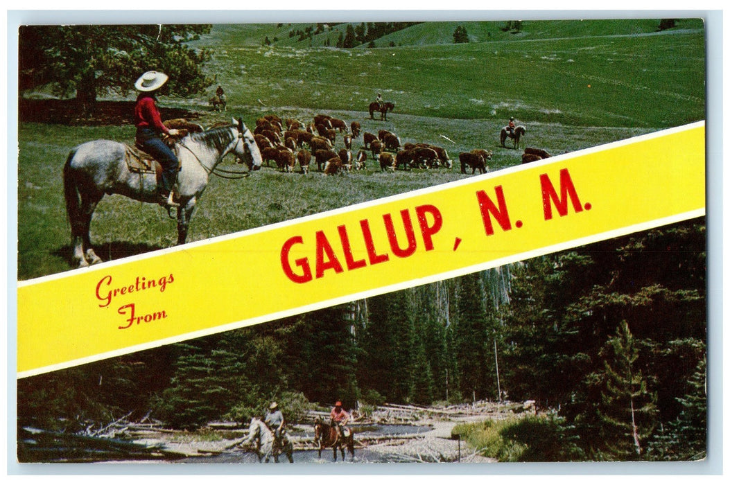 c1950 Greetings From Gallup Horse Riding In River & Farm New Mexico NM Postcard