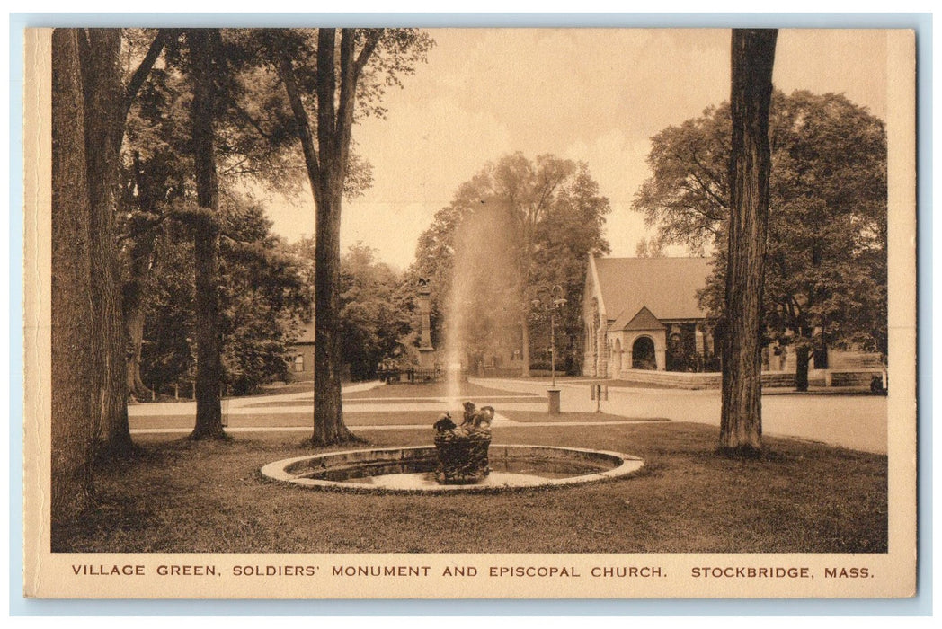 c1920's Village Green Soldiers Monument Episcopal Church Stockbridge MA Postcard