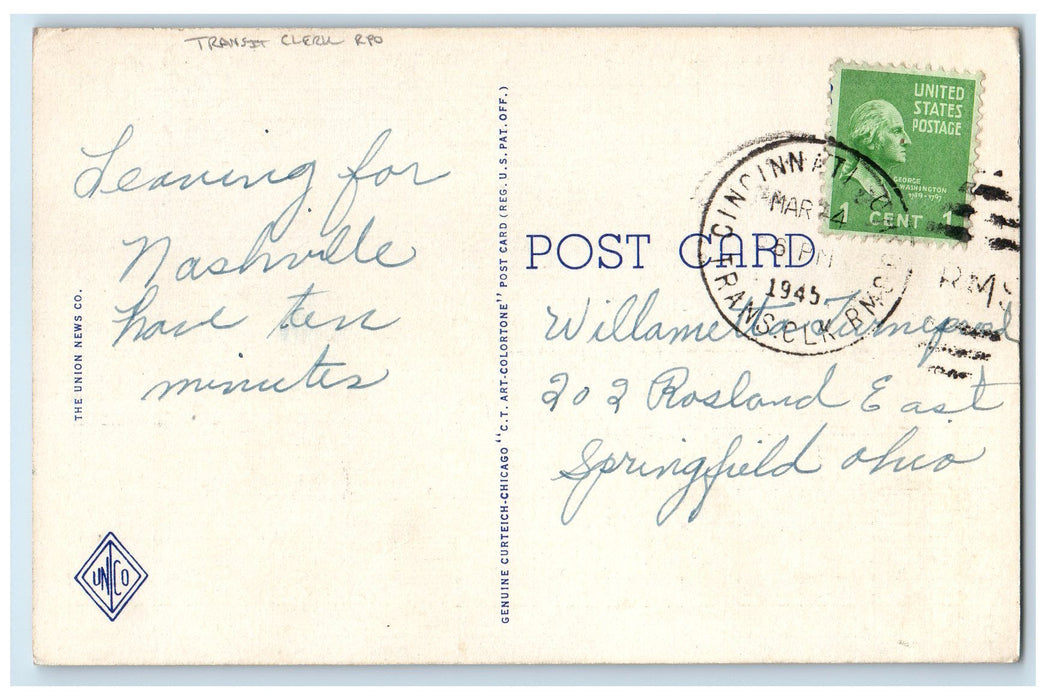 1945 Bird's Eye View Of Union Terminal Transit Clerk RPO Cincinnati OH Postcard