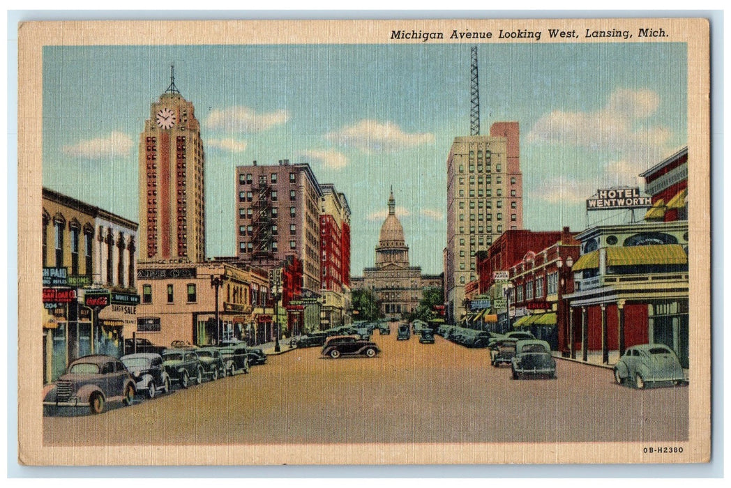 c1940's Michigan Avenue Buildings Tower Classic Car Lansing Michigan MI Postcard