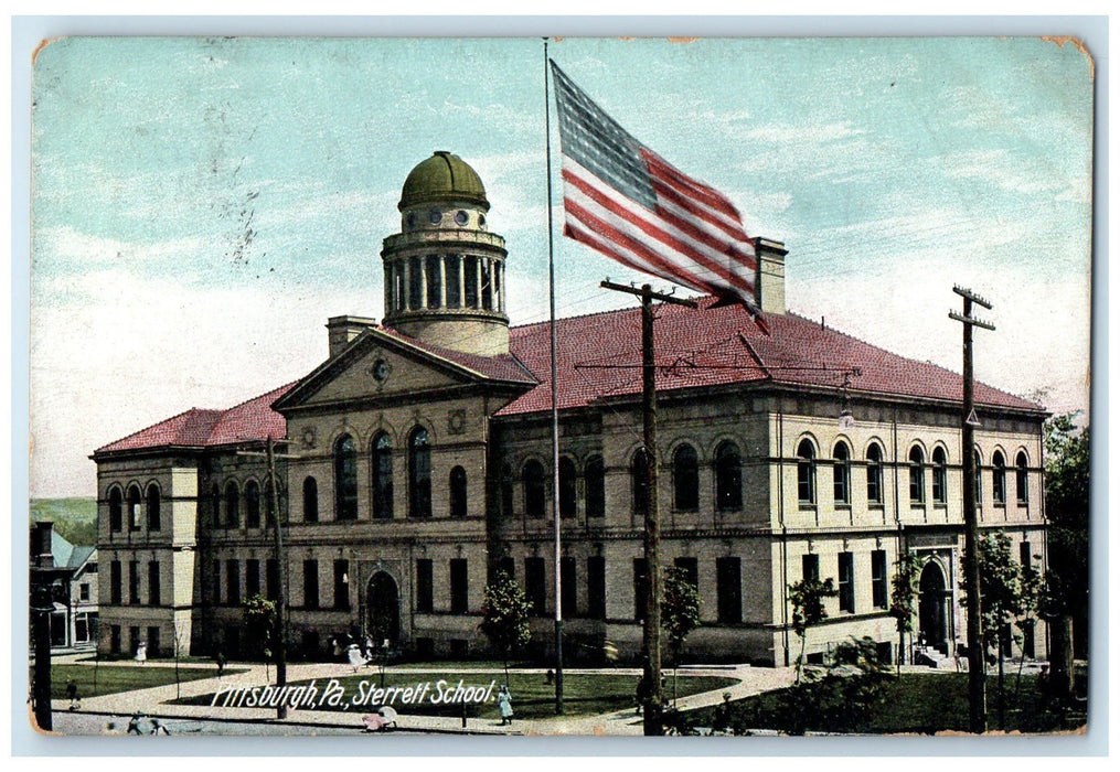 c1960's Sterreff School Exterior Pittsburgh Pennsylvania PA Posted Flag Postcard