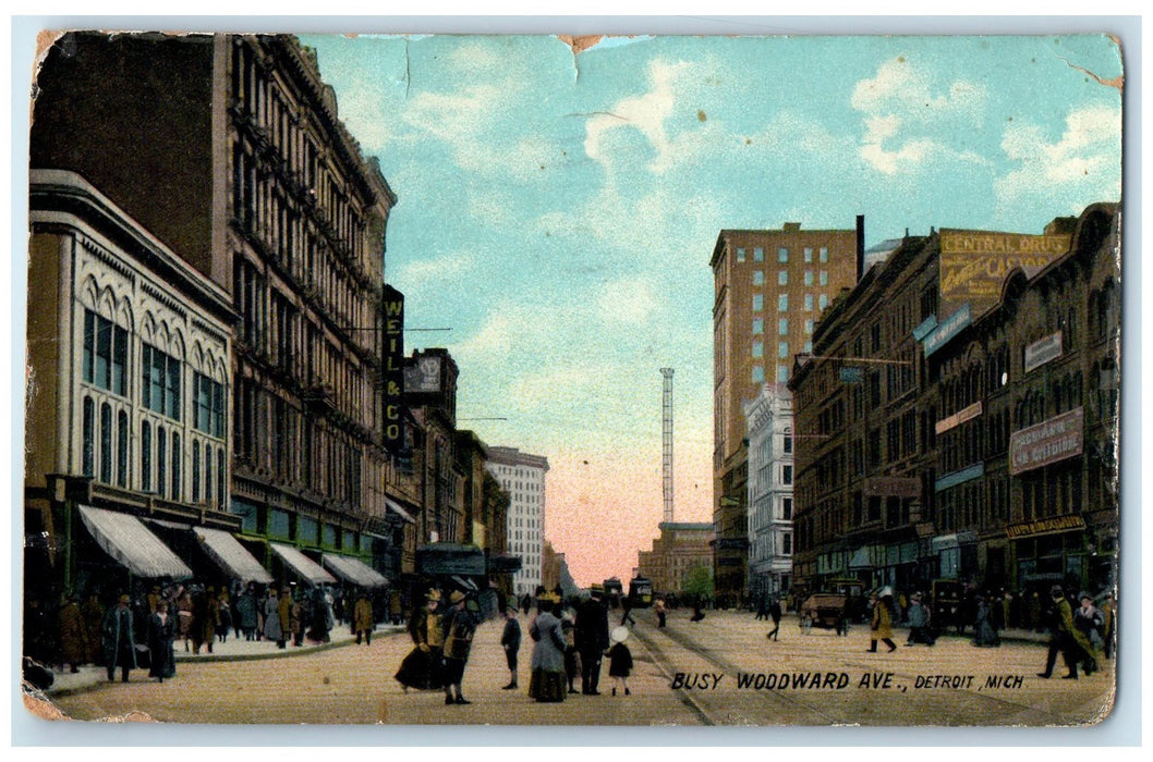 1908 Busy Woodward Avenue Buildings Detroit Michigan MI Posted Shops Postcard