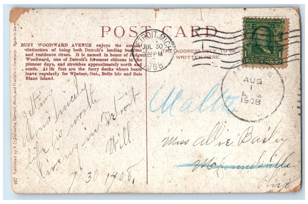 1908 Busy Woodward Avenue Buildings Detroit Michigan MI Posted Shops Postcard