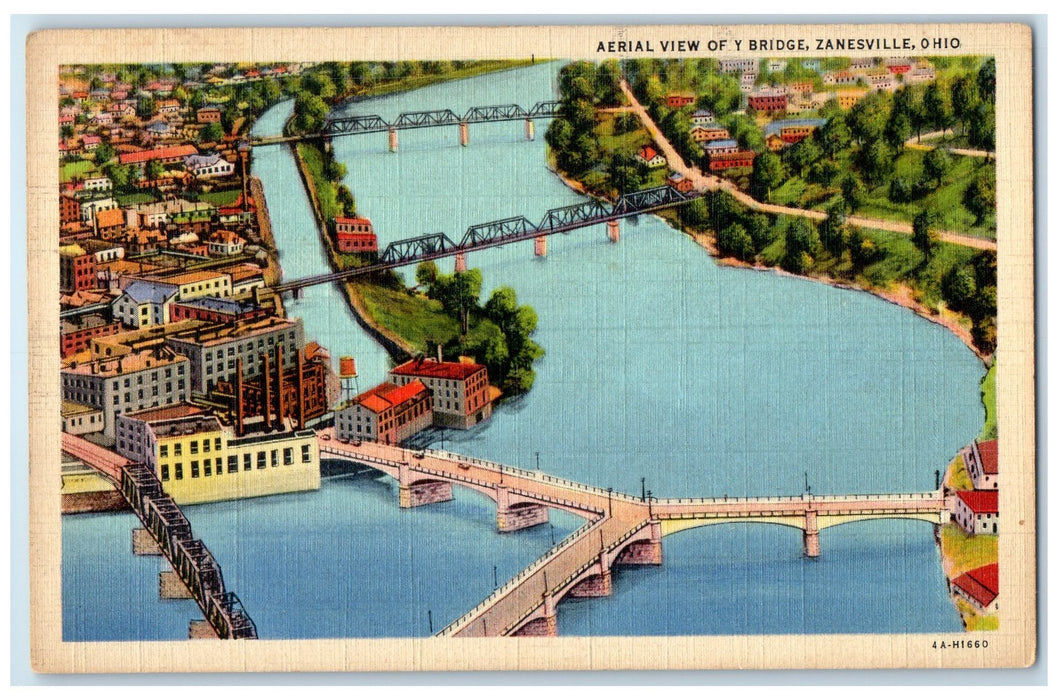 1940 Aerial View Of Y Bridge Scene Zanesville Ohio OH Posted Vintage Postcard