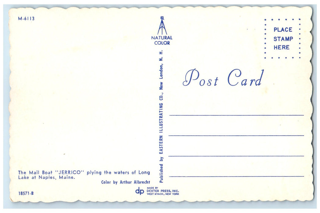 c1960's The Mail Boat Jerrico Plying The Waters Of Long Lake Naples ME Postcard