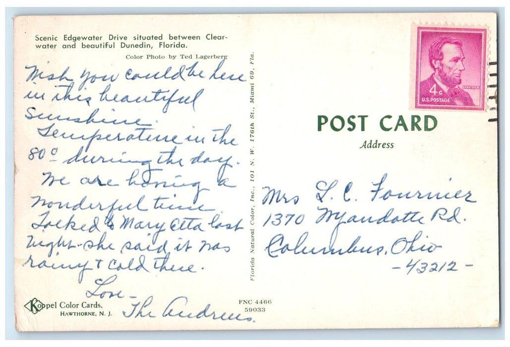 1960 Scenic Edgewater Drive Between Clearwater And Dunedin Florida FL Postcard