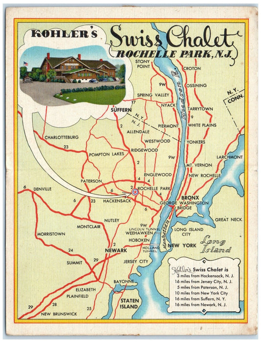 c1920's Kohler's Swiss Chalet Map Rochelle Park New Jersey NJ Unposted Postcard
