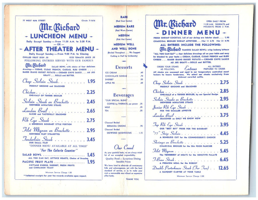 c1960's Mr. Richard Restaurant Interior Theater Dinner Menu New York NY Postcard