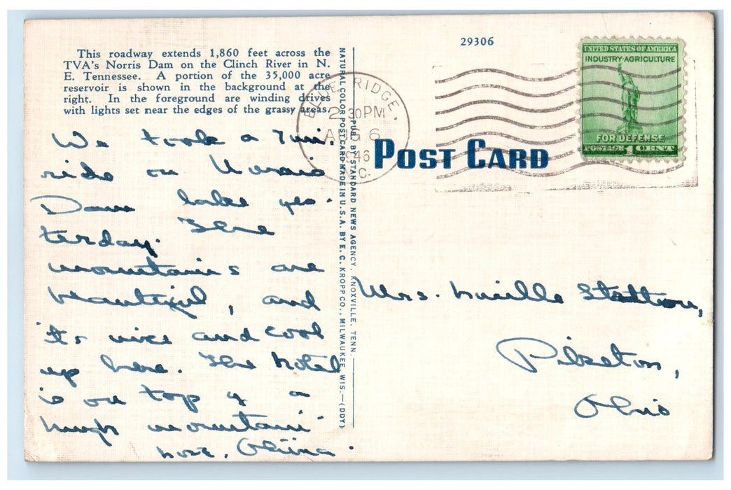 1946 Roadway Across Norris Classic Cars Dam Norris Tennessee TN Posted Postcard
