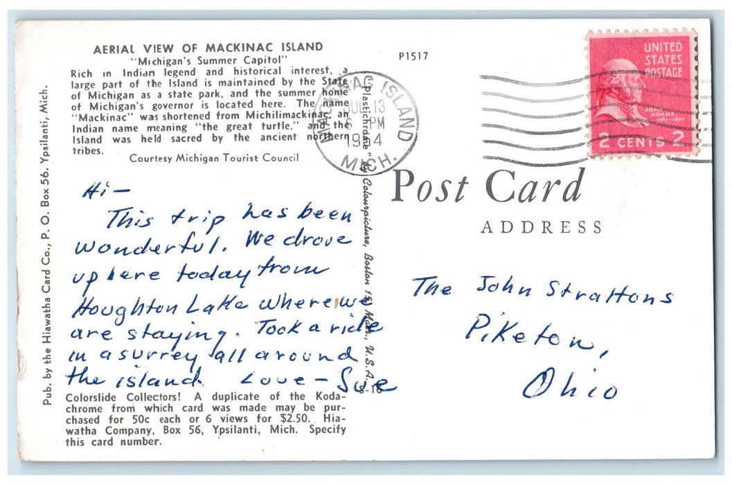 1954 Aerial View Of Mackinac Island Michigan Summer Capital Beach MI Postcard