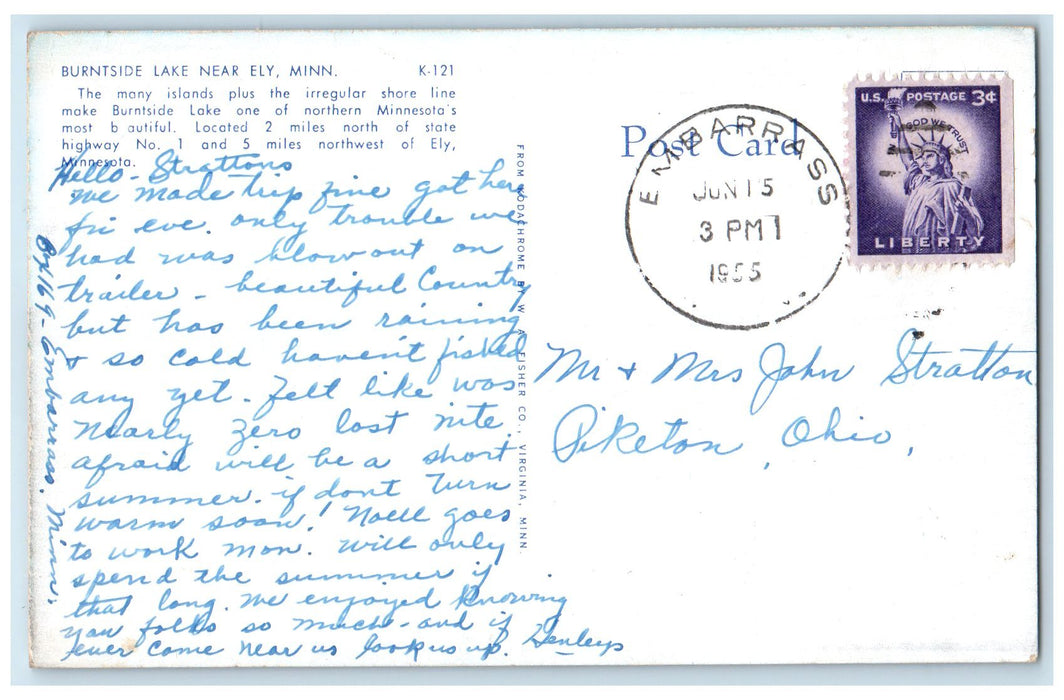 1955 Burntside Lake Scenic View Near Ely Minnesota ME Postage Vintage Postcard