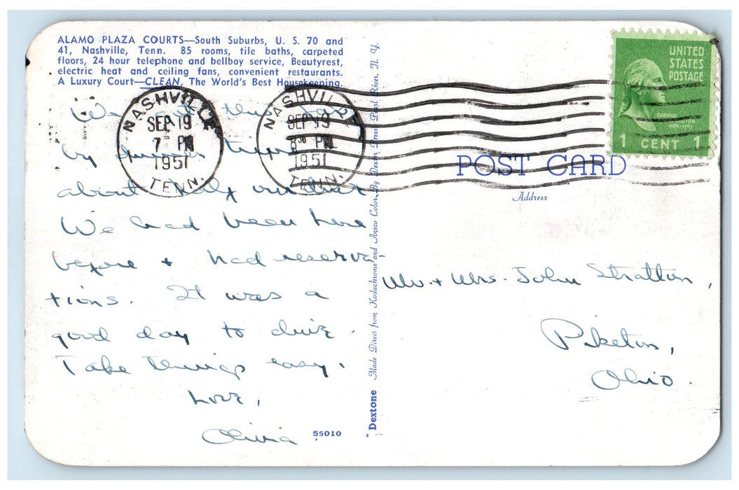 1951 Alamo Plaza Court South Suburbs Classic Car Nashville Tennessee TN Postcard