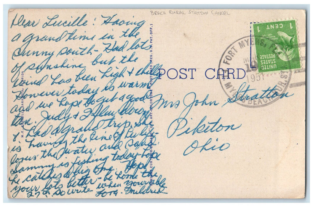 1951 Beach Rural Station Cancel First Street Fort Myers Florida FL Moon Postcard