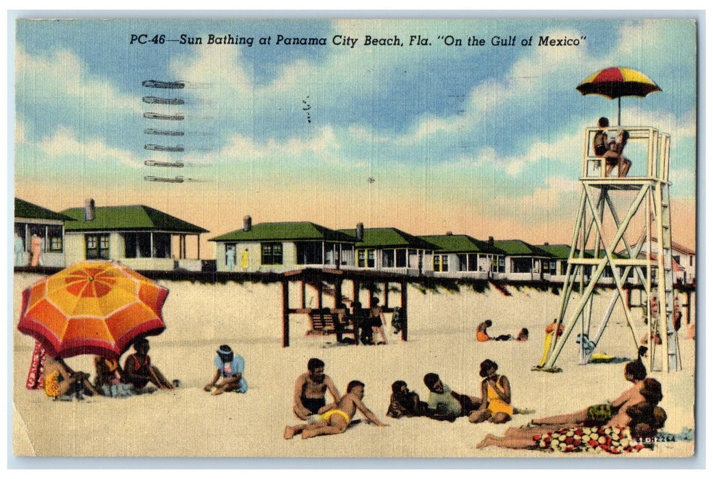 1951 Sun Bathing Scene Panama City Beach Florida FL Posted Lifeguard Postcard