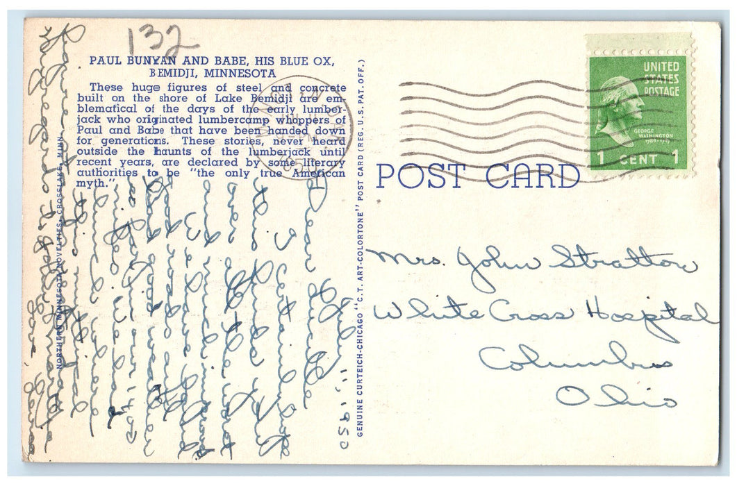 1950 Paul Bunyan And Babe His Blue Ox Scene Bemidji Minnesota MN Posted Postcard