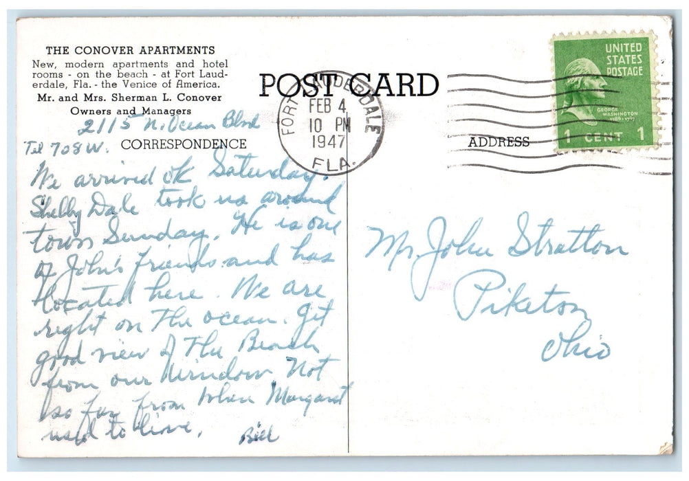 1947 The Conover Apartments Exterior Fort Lauderdale Florida FL Posted Postcard