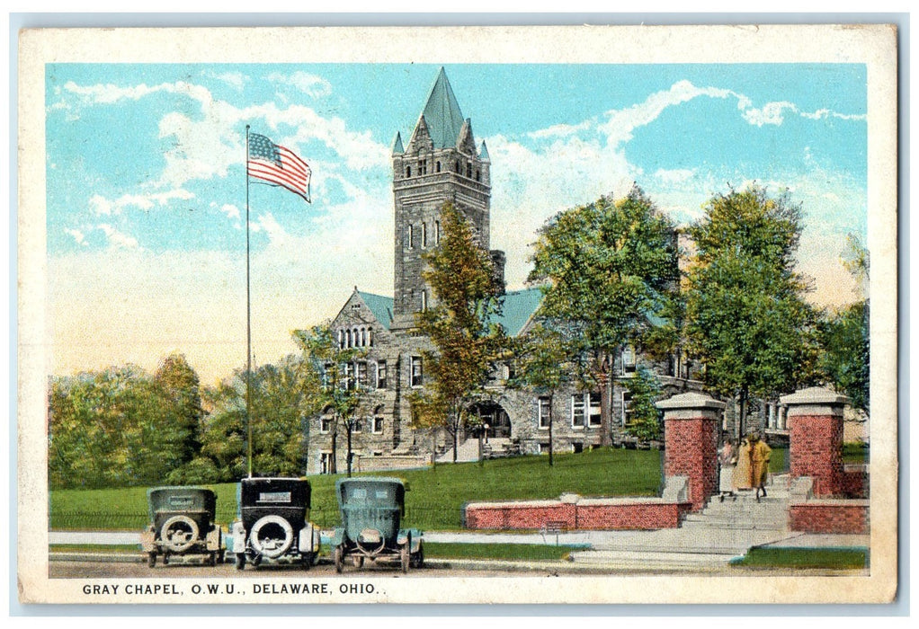 1945 Gray Chapel OWU Building Tower Classic Cars View Delaware Ohio OH Postcard