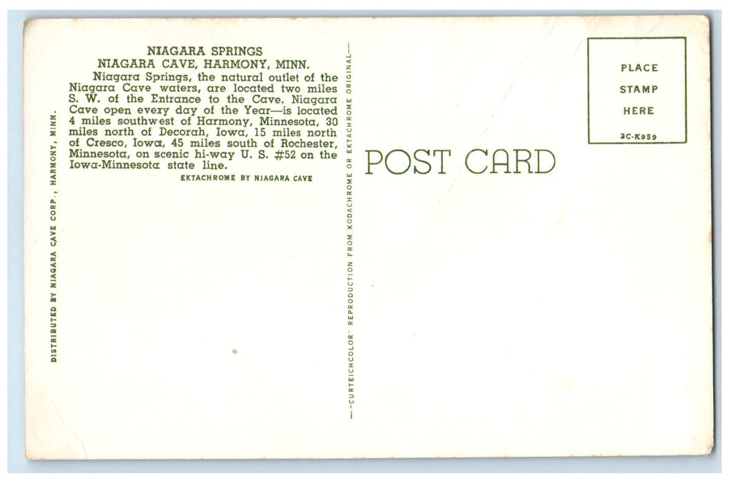 c1960s Niagara Springs Niagara Cave Harmony Minnesota MN Unposted Rocks Postcard