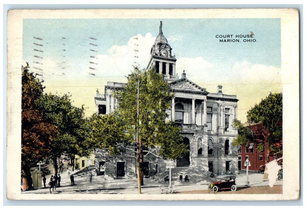 c1910's Court House Clock Tower Building Classic Car Marion Ohio OH Postcard