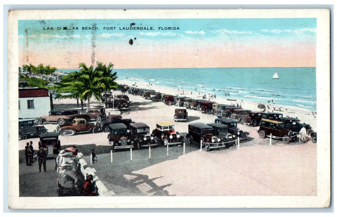 1933 Las Olas Beach Port Bathing Classic Cars Lauderdale Florida FL Postcard