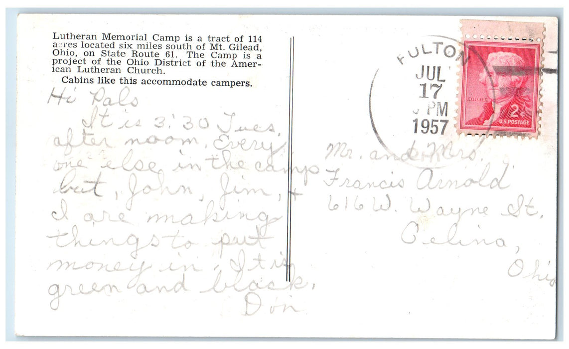 1957 Lutheran Memorial Camp Trees Cabin Scene Mt. Gilead Ohio OH Posted Postcard