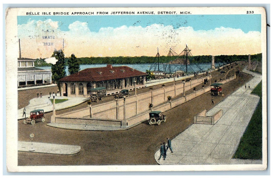 c1920 Belle Isle Bridge Approach From Jefferson Ave Detroit Michigan MI Postcard