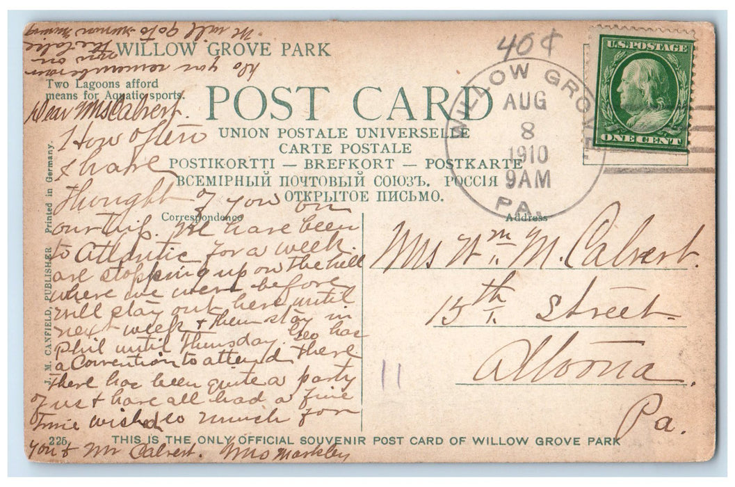 c1910's Boating On The Lakes Willow Grove Park Pennsylvania PA Posted Postcard