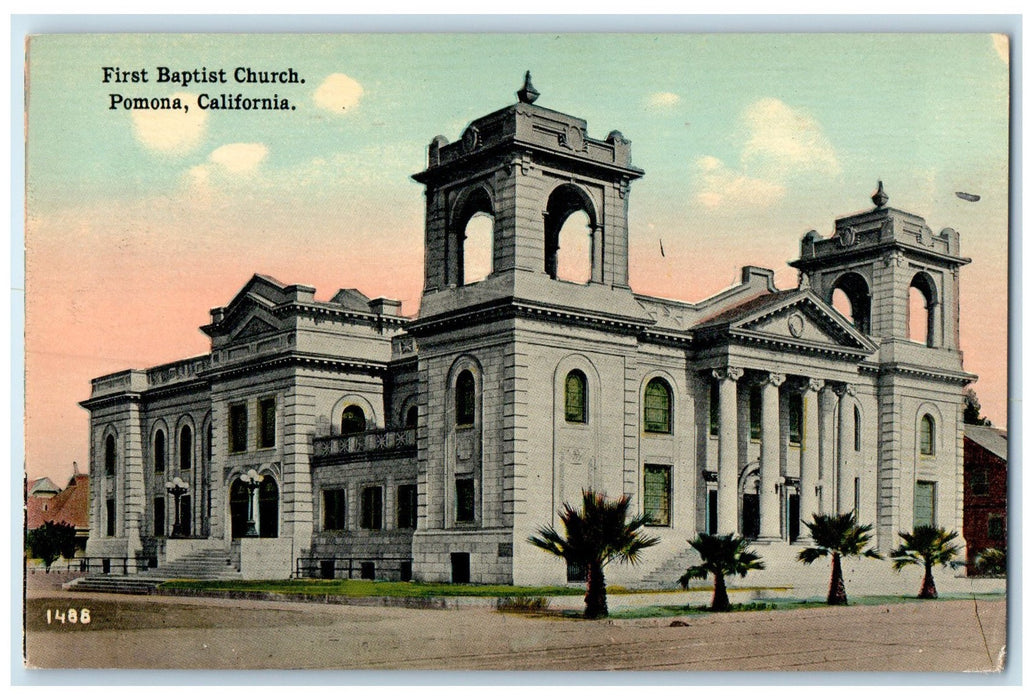 c1910s First Baptist Church Exterior Roadside Pomona California CA Tree Postcard