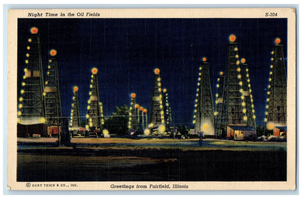 1945 Greetings From Fairfield Night Time In The Oil Fields Illinois IL Postcard