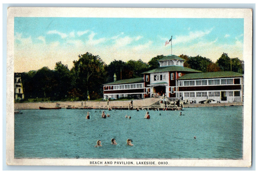 1925 Beach & Pavilion bathing Swimming Guests Building Lakeside Ohio OH Postcard