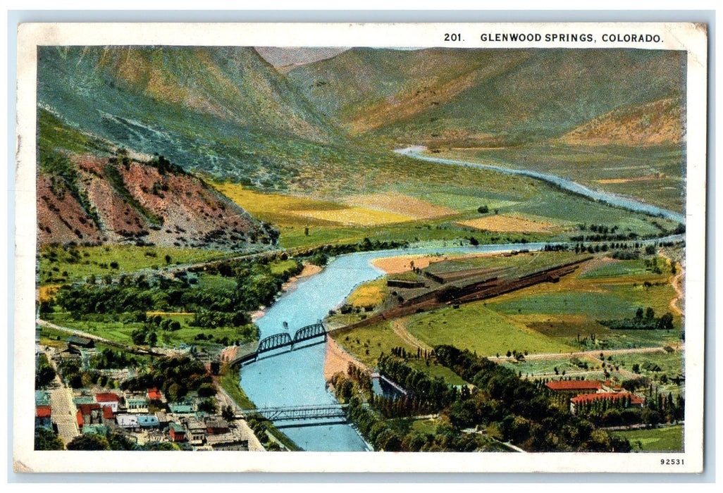 1928 Aerial View Truss Bridge Lake Plains Glenwood Springs Colorado CO Postcard