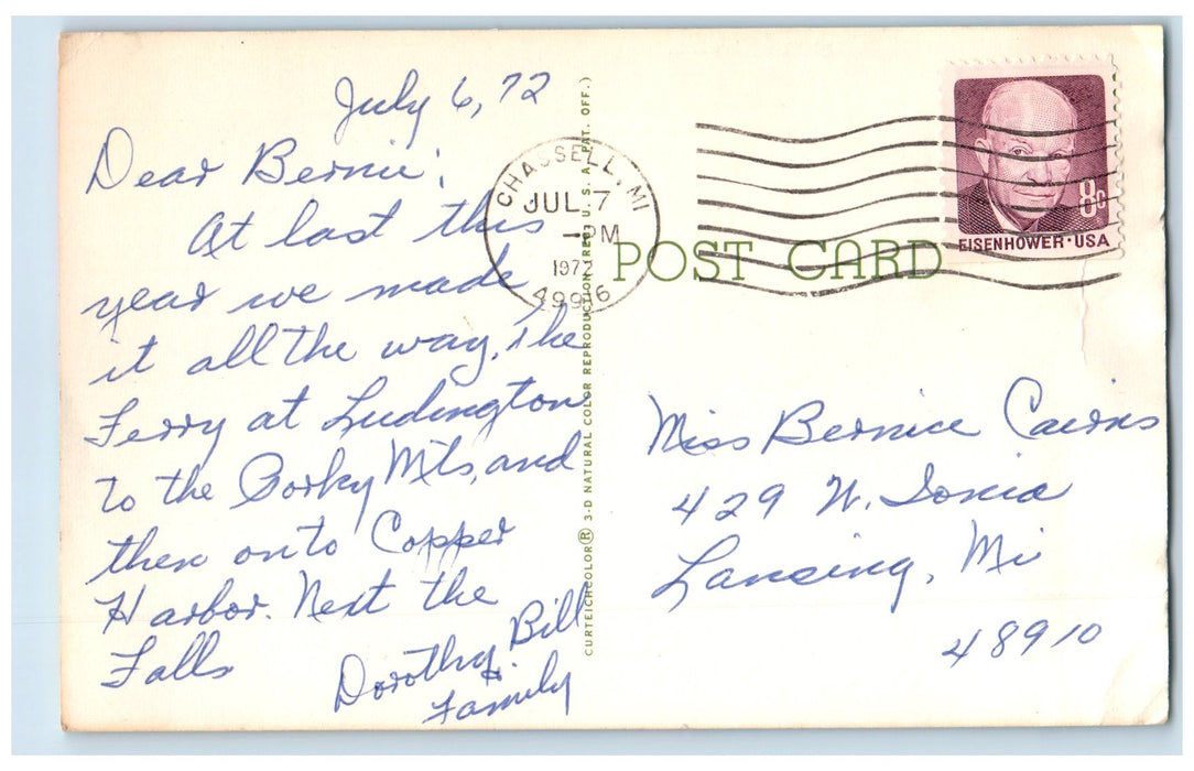 1972 Hello From The Upper Peninsula Of MI Chassell Michigan MI Posted Postcard