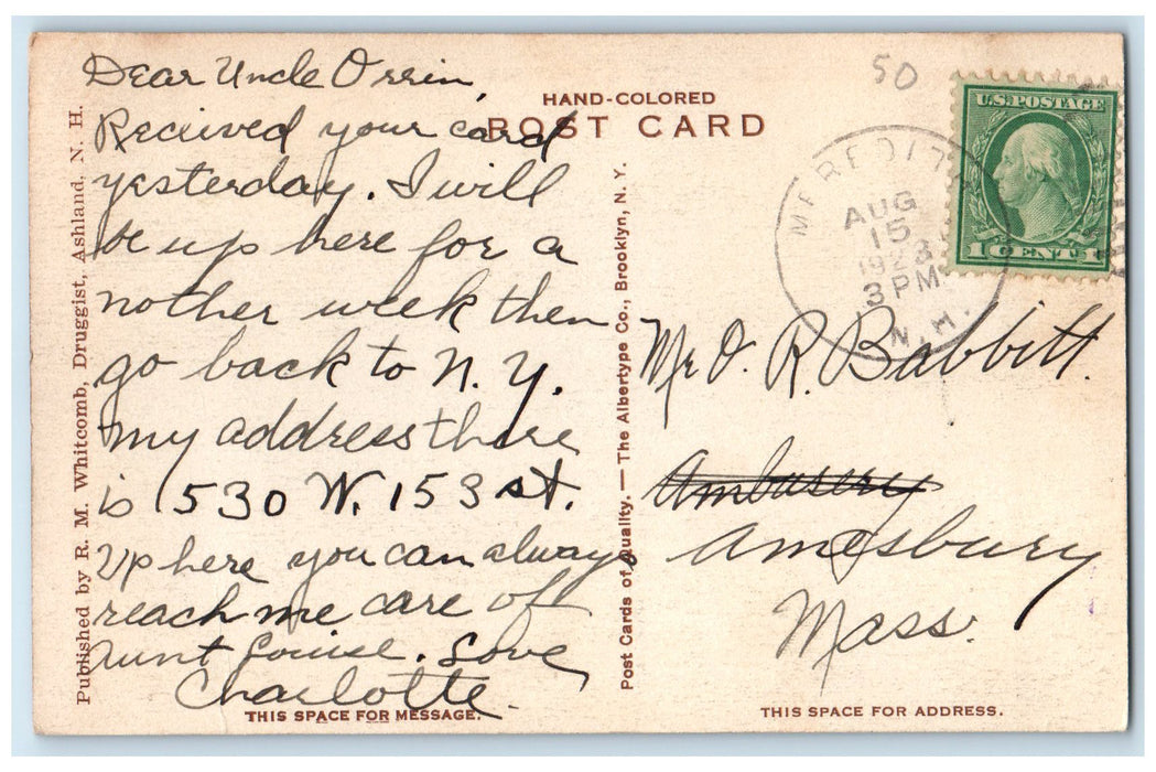 1923 Little Asquam Lake From Lake View Farm Ashland New Hampshire NH Postcard
