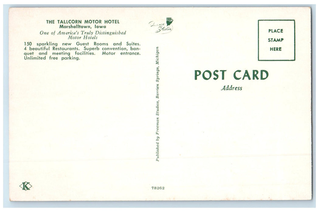 c1940's The Tallcorn Motor Hotel Exterior Building Marshalltown Iowa IA Postcard